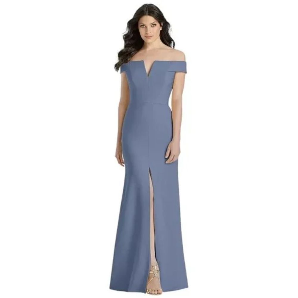 NWT Dessy Collection "Vivian" Diamond Larkspur Blue Off-Shoulder Maxi Gown Sz 8